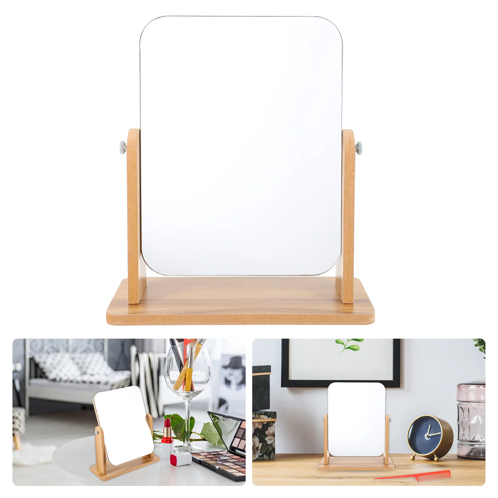 

1 Pc Home Cosmetic Mirror Tabletop Hairdressing Mirror with Wooden Base