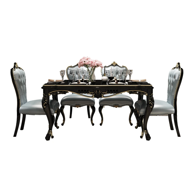 Обеденный стол и стулья из черного массива дерева Прямоугольный мрамора на 4/6
