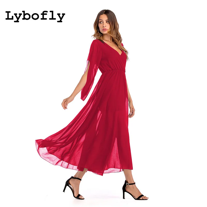 Женское летнее платье макси шифоновое однотонное длинное вечернее с v образным