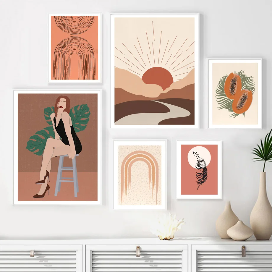 

Sun Moon Girl Leaf Papaya Feather Illustration Art Canvas Painting Nordic Posters And Prints Wall Pictures For Living Room Decor