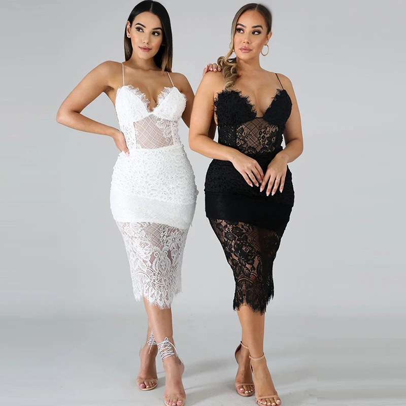 Женское кружевное Платье До Колена белое черное облегающее платье с v-образным