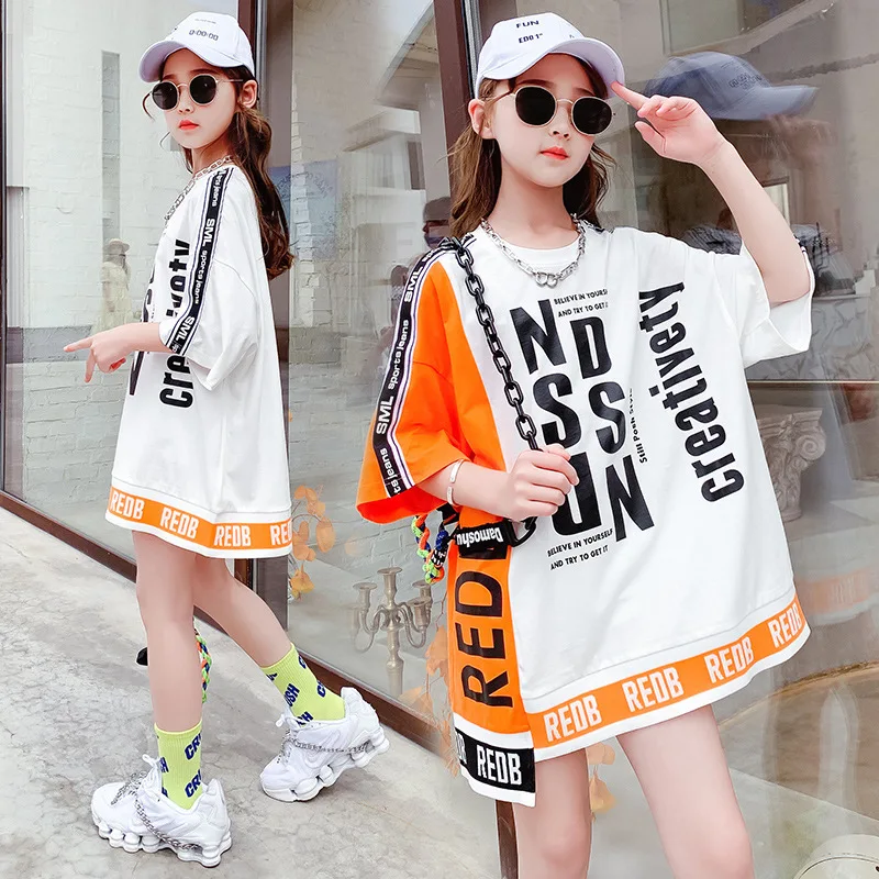 

Girls Long t-shirt Dress Summer Children's Dress 2021 New Summer Stitching Loose Letter Dress