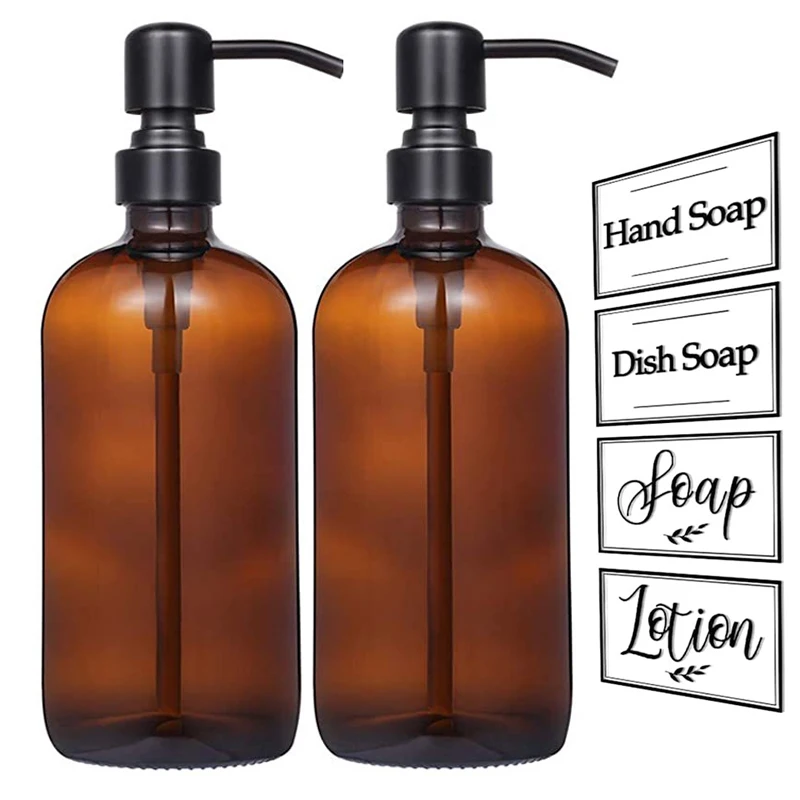 Dispensador de jab&oacute;n &aacute;mbar grueso, frasco de vidrio con etiquetas, bomba de acero inoxidable negro mate, botella de jab&oacute;n para loci&oacute;n de aceite esencial, 250/500ml-0