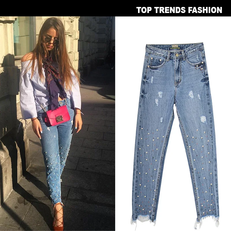 Женские Модные Узкие прямые джинсовые брюки с высокой талией и жемчугом | Женская