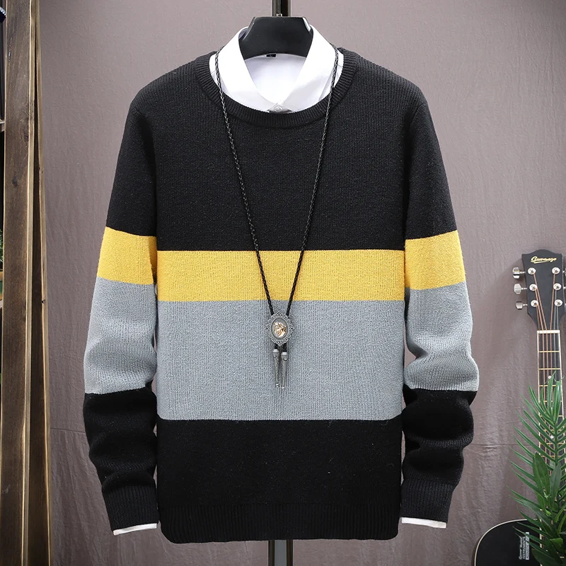 

Mens Knitted Sweater Men 2020 Autumn Winter Patchwork Knit Pullover Korean Fashion Cashmere Sweaters