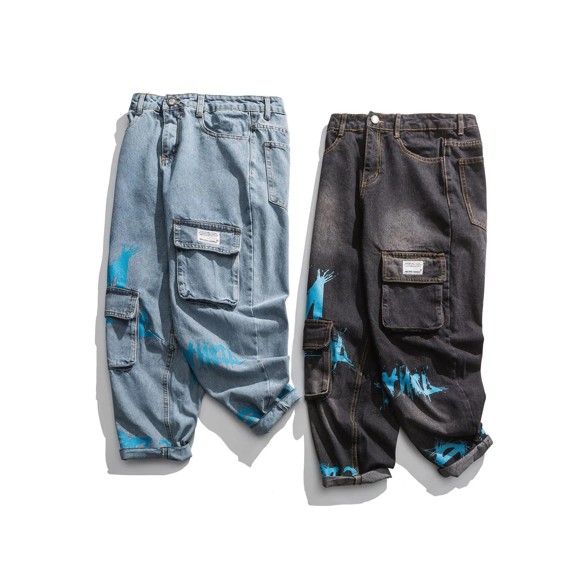 

individuality Vintage Inkjet Jeans Men's Big pocket Stretch Wide leg jeans