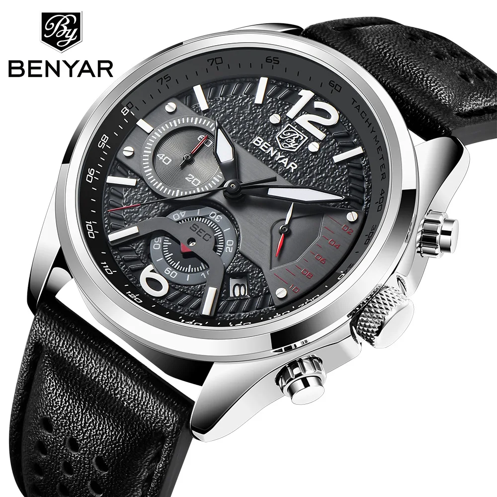 

BENYAR 5171 New Men's Quartz Watch Waterproof Sports Chronograph Watches Top Brand Mens Leather Wristwatches Relogio Masculino