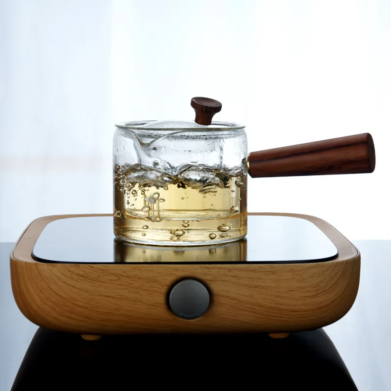 Стеклянный чайник с деревянной ручкой утолщенный термостойкий стеклянный