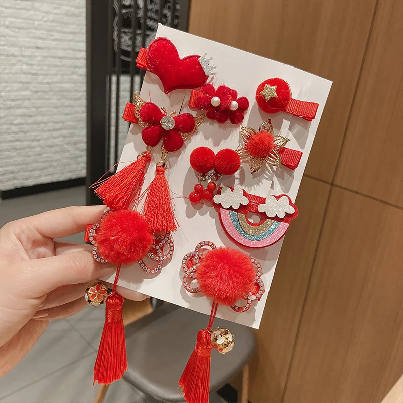 

CXD-Chinese Style Children's Hair Accessories New Year Festive Hair Ball Hairpin Combination Set