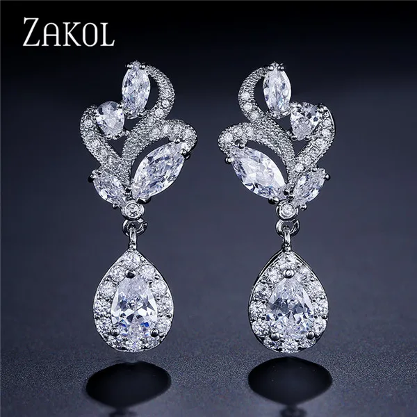 ZAKOL модные серьги-подвески с кубическим цирконием, изысканные серьги в форме капли воды, свадебные ювелирные изделия с кристаллами для женщин, FSEP1001 - Окраска металла: Sliver Color