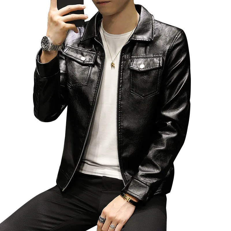 

2020 Men's Spring New Lapel Slim Leather Jacket Youth Leisure Locomotive PU Leather
