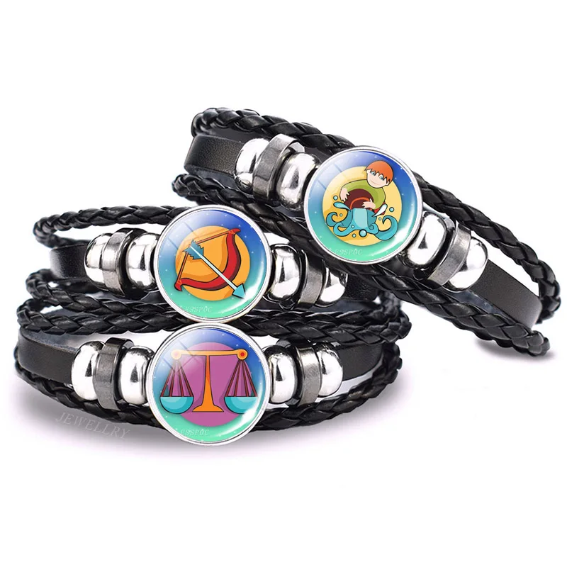 Браслеты ручной работы черный кожаный браслет 12 созвездий фото браслеты для