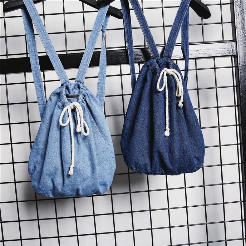 Женский джинсовый рюкзак на шнурке школьный ранец для девочек подростков| |