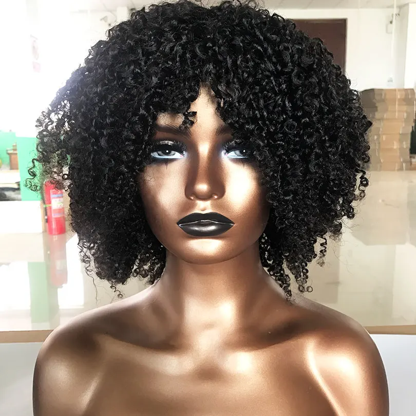 

Afro Kinky Curly Human Hair Wigs With Bangs Scalp Top Full Machine Made Malaysian Curly Wig 180% Density