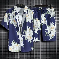 mens printed beach suit two piece five quarter pants short sleeved casual shirt hawaiian short sleeved floral top