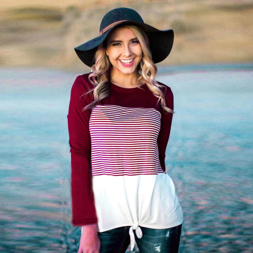 В полоску Женская блузка пэчворк платье с длинным рукавом рубашка Повседневная