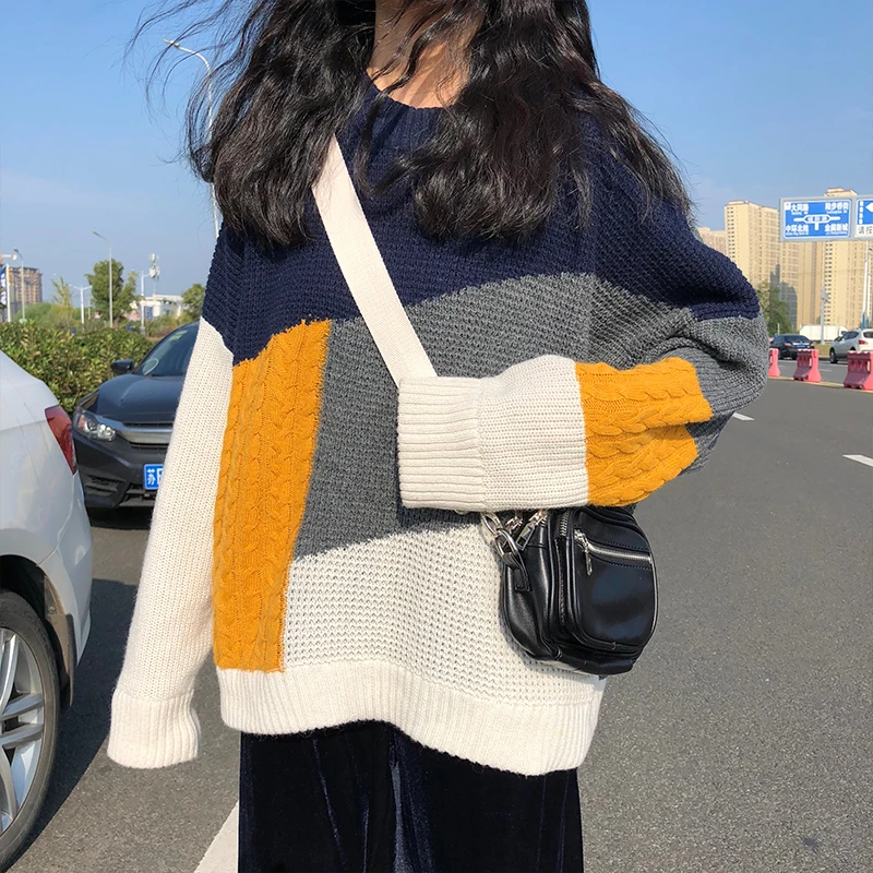 

Korean Color Patchwork Knitted Sweaters Women Vintage Ins Style Long Sleeve Warm Sweater Female