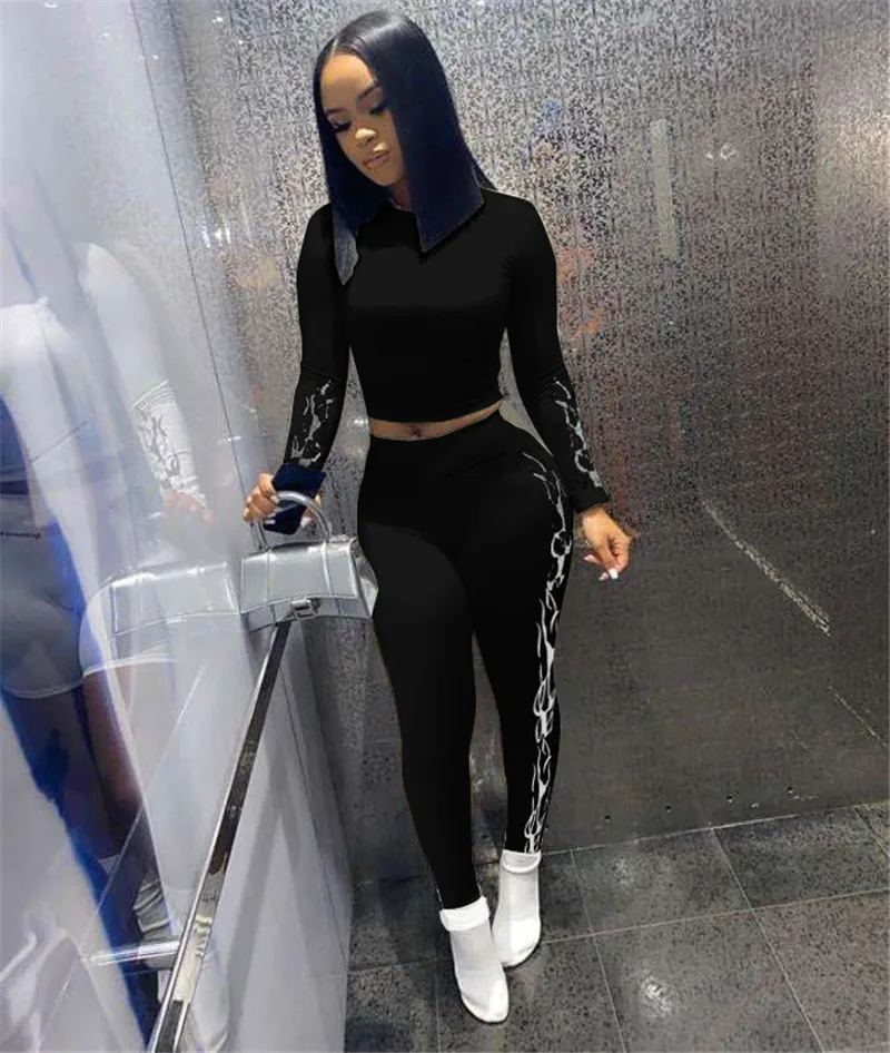 

FIXSYS 2020 Autumn New Women Two Piece Set Fashion Print Long Sleeve Crop Top Shirts Leggings Pants Suit Female Tracksuit