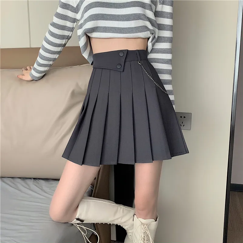 

New Arrival Spring Pleated Skirt Female High Waisted A-line Mini Skirts Girls Preppy Style Chain Sided Zipper Mujer