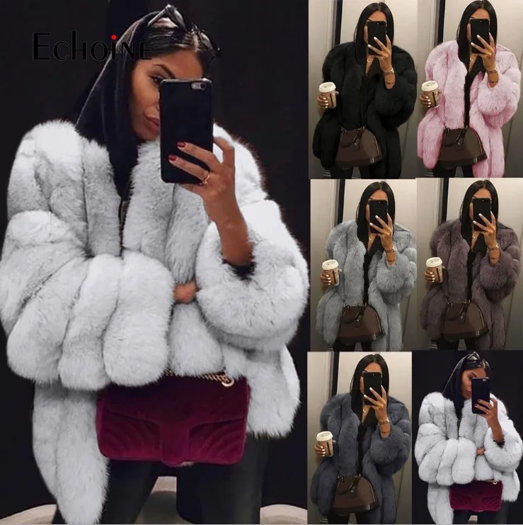 

Echoine Women Winter Faux Fur Mid-length Jacket Furry Cropped teddy Fashion Coats Jackets Fluffy Top Coat with manteau Plue size