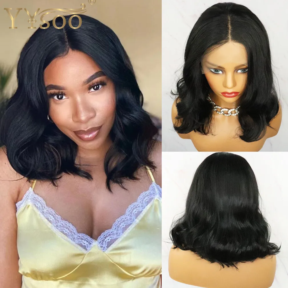 YYsoo 13x4 Short Black Synthetic Lace Front Wigs Futura Heat Resistant Fiber Wavy Hair Replacement Front Lace Wig Middle Part