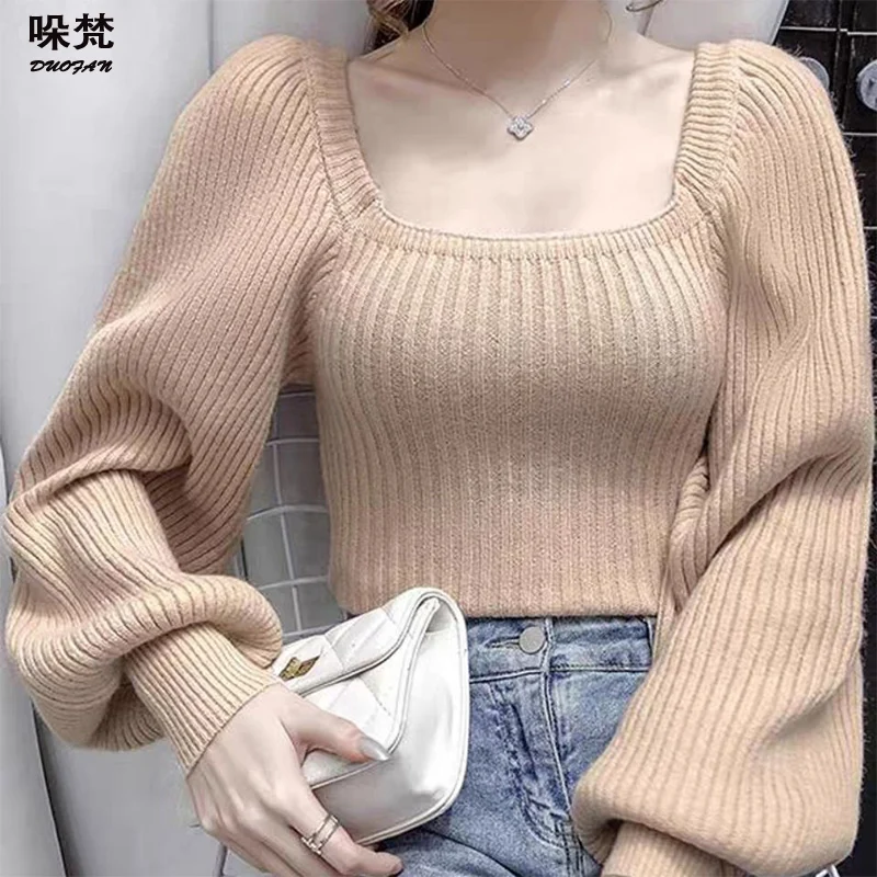 

DUOFAN 2021 Solid Color Lantern Sleeve Knitted Sweaters Sexy Square Collar Tops Autumn Winter Slim Fit Pullovers All-match