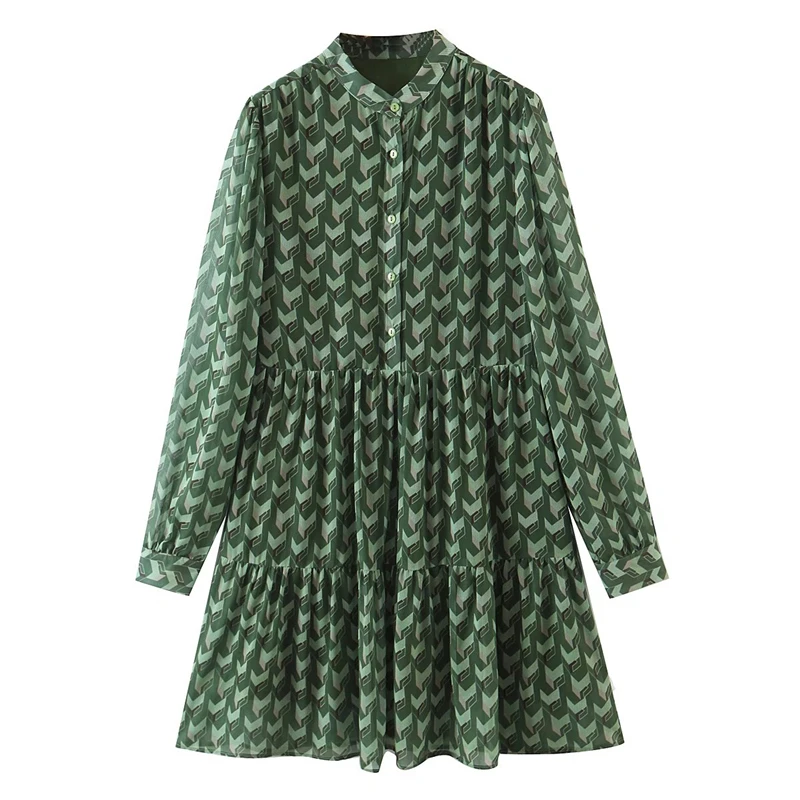 

ZXQJ Women Print Chiffon Dress 2021 Autumn Fashion Lady Breasted Long Sleeve Dress Elegant Female Loose A Line Green Mini Dress