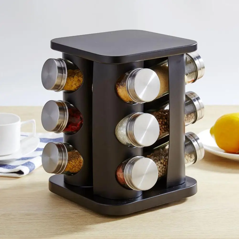 

12Pcs/Set Spice Rack Kitchen Glass Seasoning Salt Pepper Sugar Jars And Stainless Steel Rack Holder Kitchen Storage Spice Rack