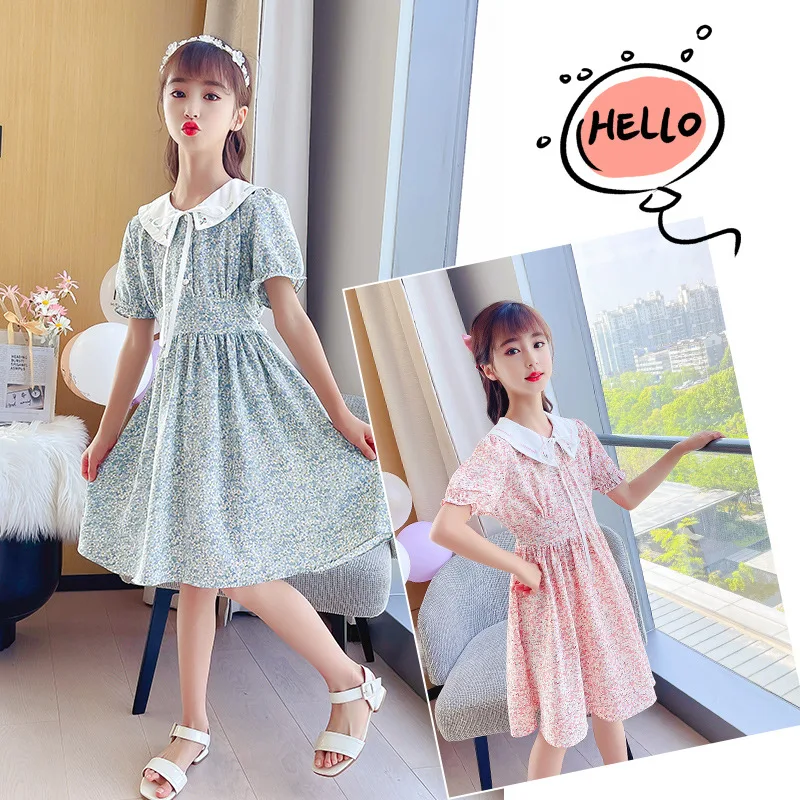 

2021 летнее платье для девочек, шифоновое детское платье, элегантное платье с отложным воротником Платье принцессы с цветочным рисунком; Одеж...