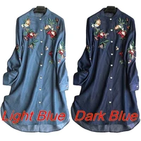 elegant embroidery shirt robe womens denim blue blouse 2021 zanzea vintage long sleeve blusas female button jean tunic oversize