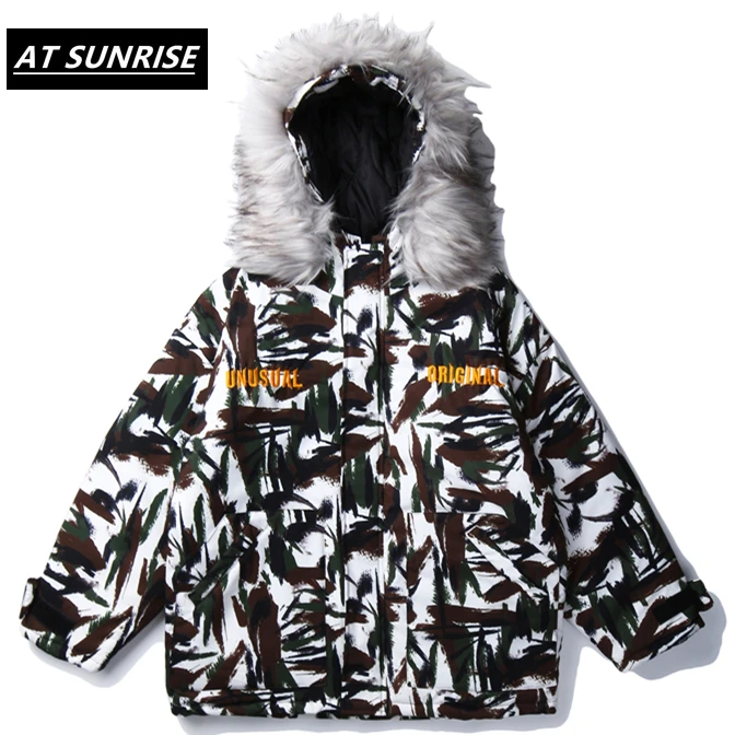 2019 зимняя куртка в стиле хип хоп парка с меховым капюшоном Мужская камуфляжная