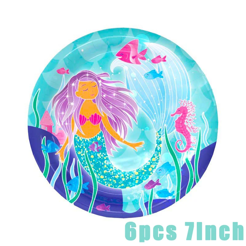 6pcs 7inch plates Русалка девичий тематический счастливый день рождения фото держатель рамка стенд реквизит океан море ребенок душ девочка праздник день рождения украшения Дети - Цвет: 6pcs 7inch plates