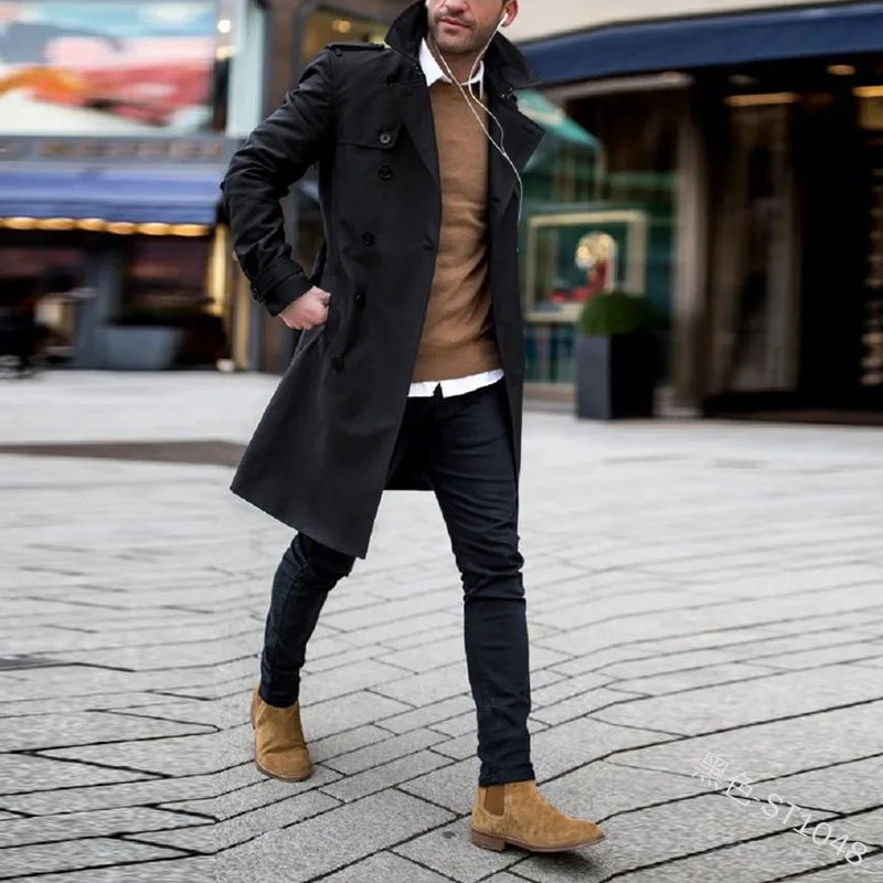 

2021 Trench Coat Fashion Men Long British Slim Coat Korean Version Black Coat Mens Clothing Plus Size La Ropa De Los Hombres