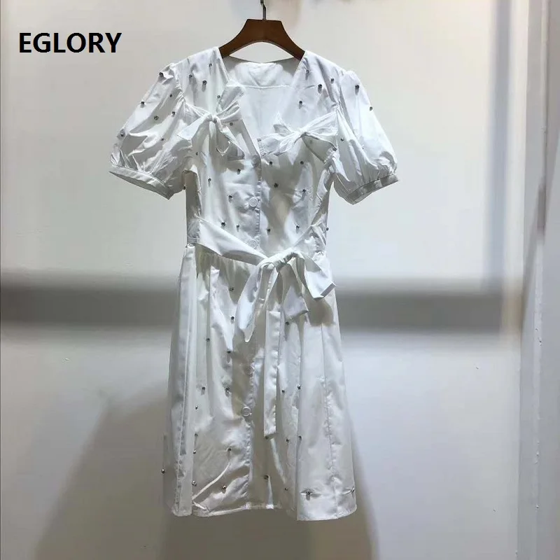 

Newest Fashion Dress 2020 Autumn Women V-Neck Crystal Beading Deco Bow Patchwork Short Sleeve Slim Fit A-Line White Blue Dress
