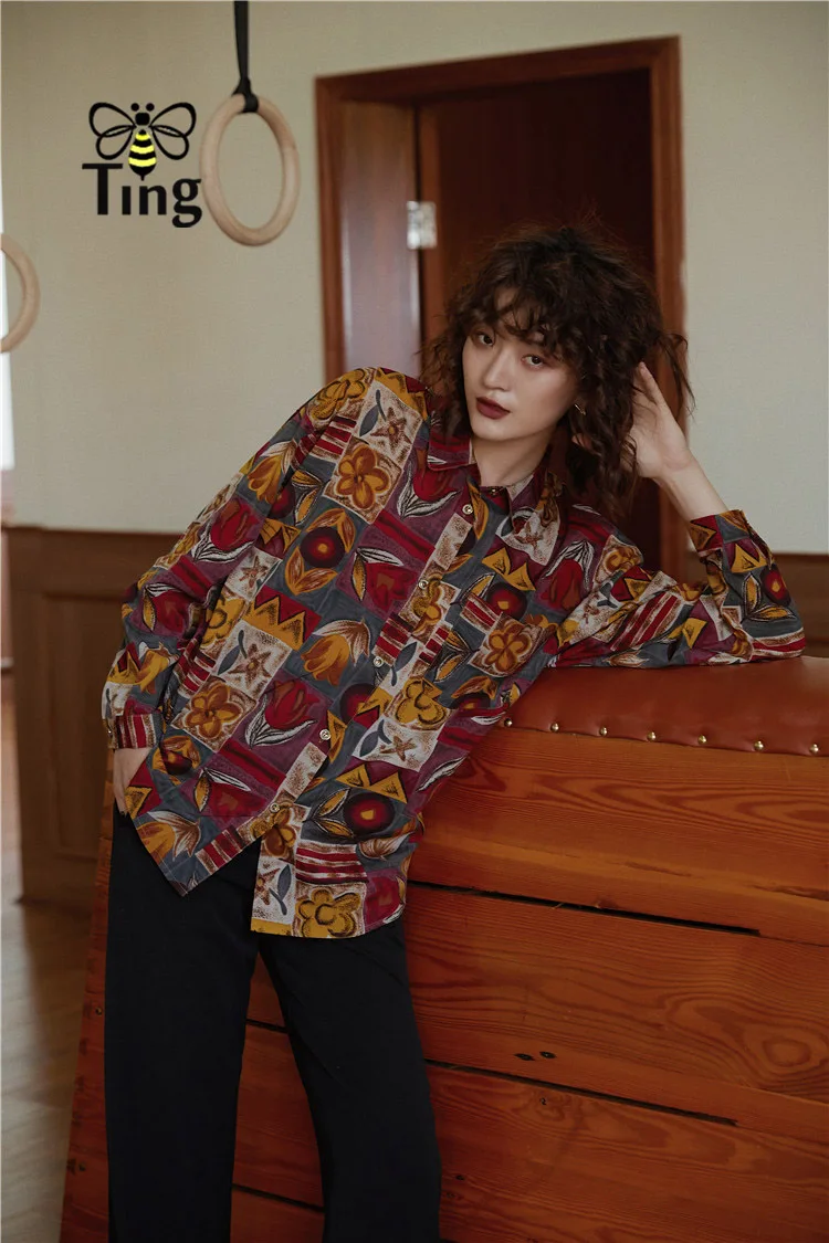 Tingfly дизайнерская винтажная с цветочным принтом Повседневная Блузка рубашки для