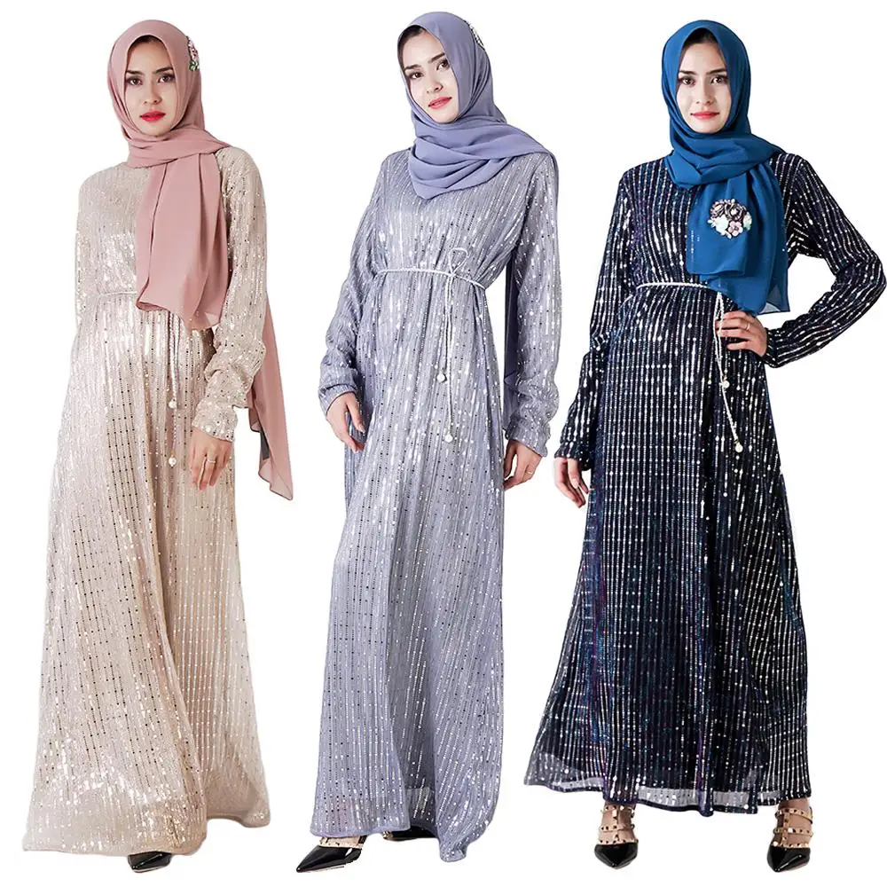 Мусульманские женщины блёстки abaya длинное платье-макси Jilbab исламский кафтан Коктейльные турецкие малайские вечерние платья с длинными рук...