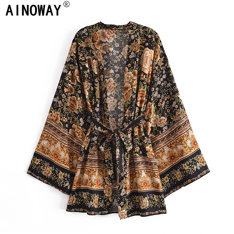 Винтажный шикарный женский пляжный богемный рукав летучая мышь с цветочным