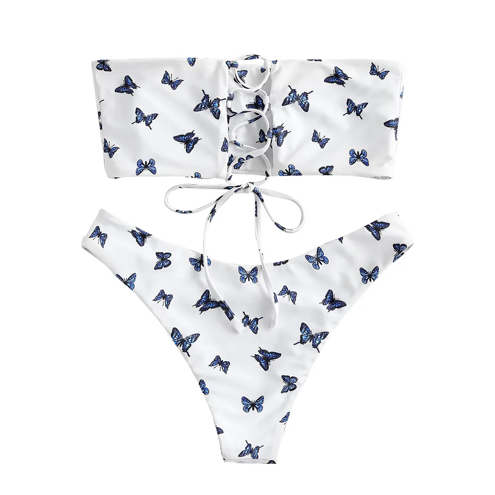 ZAFUL Butterfly Print Lace Up Bandeau Bikini Swimwear Strapless Padded Bikinis Set Wire Free Women Swimwears Sexy Swimsuit 2020