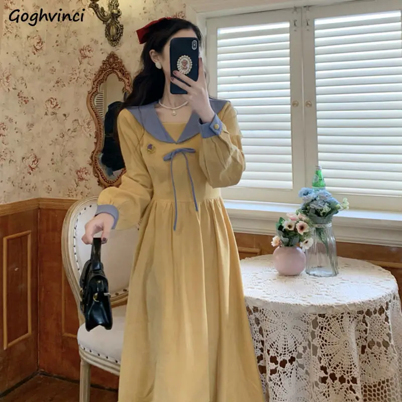 

Long Sleeve Dress Women Panelled Patchwork Elegant Fashion French Style All-match Midi Cozy New Sailor Collar Female Vestido Ins