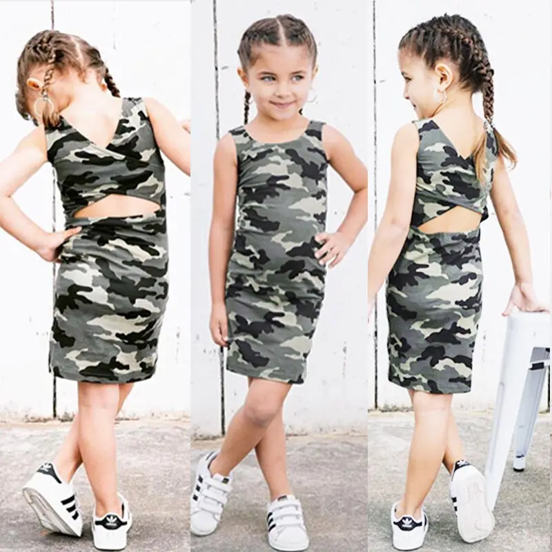 

Fashion Cotton Toddler Kids Baby Girl Clothes Camouflage Backless Baby Girl Dress Summer Sundress