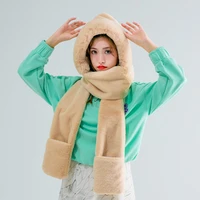 new winter imitation rabbit hair scarf three piece set hooded ear protection womens thickened hat gloves in one for women