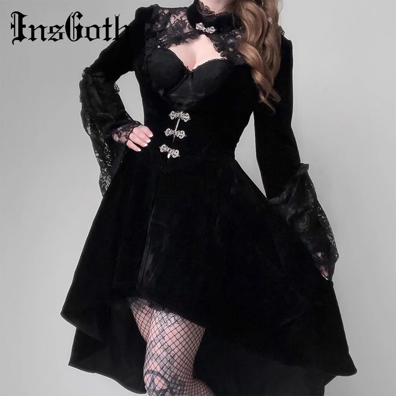 

InsGoth Vintage Black Velvet Gothic Dress Women Elegant Hollow Out Sexy Lace Dress Patchwork Mini Female Party Dresses Autumn