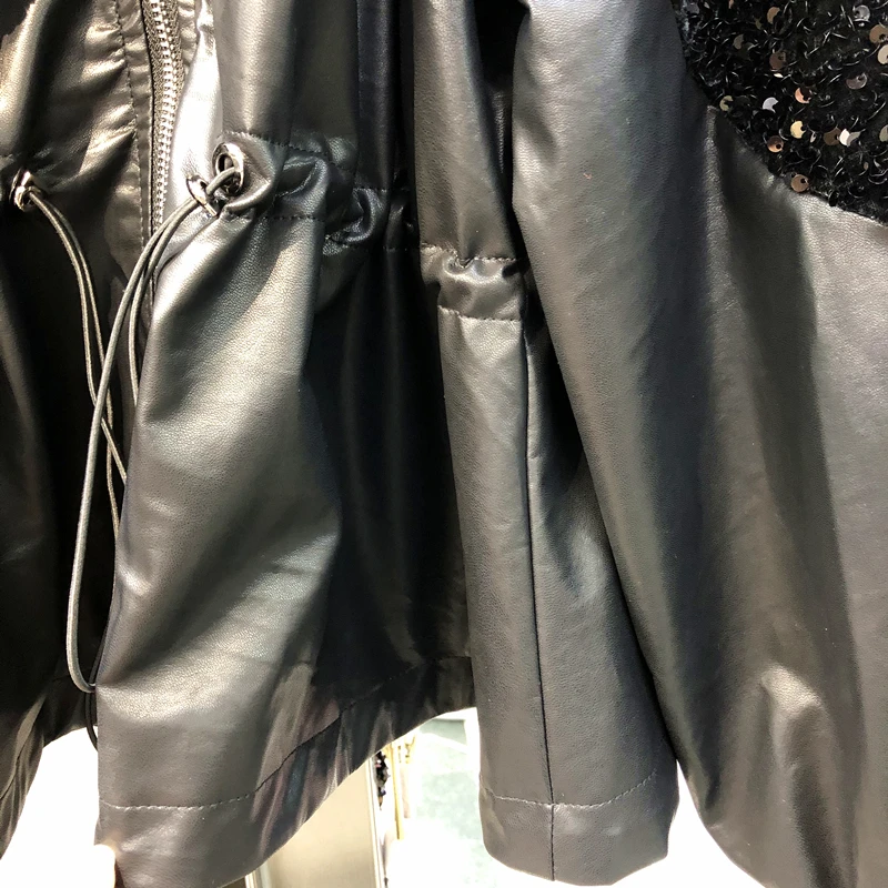 

Streetwear Chic Drawstring Sequin Stitching Faux PU Leather Jacket Women Autumn Loose Lantern Sleeve Biker Coat Casacos Feminino