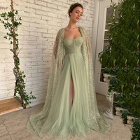 mint green sexy long prom dresses 2022 pleated high split side formal evening party gowns beads cape women couture formatura