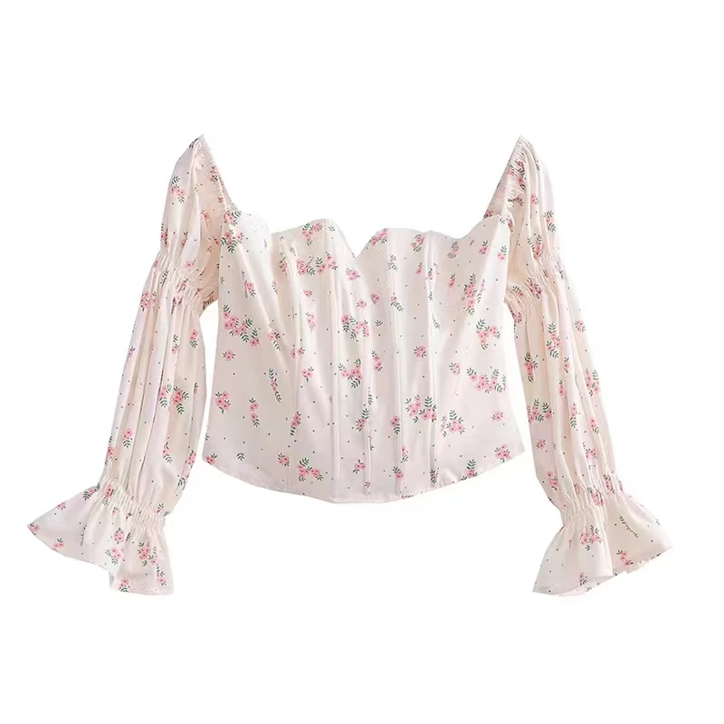 

ZXQJ Elegant Women White Flower Print Shirt 2022 Spring Fashion Ladies Ruffle Long Sleeve Fishbone Top Female Elastic Shirts