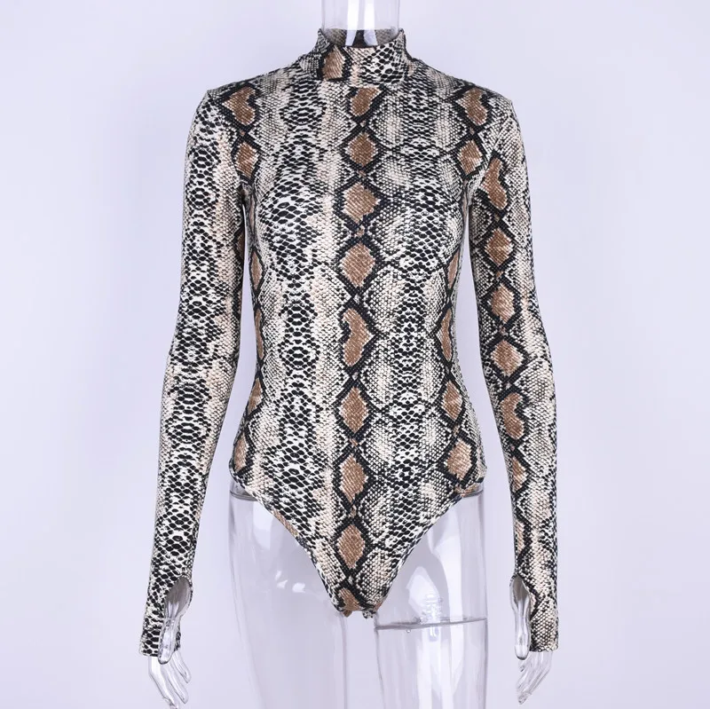 

European Hot Sale Women Bodysuits 2021 Spring New Skinny Snake Pattern Sexy High Waist Long Sleeve Slim Jumpsuits