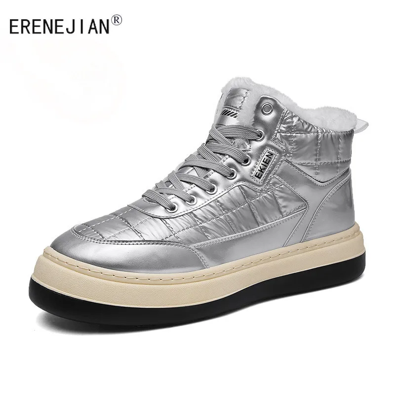 

ERENEJIAN Men Warm High Top Shoes Plush Lined Thick Thermal Winter Boots Lace Up Non Slip Flat Leather Footwear Sapato Masculino