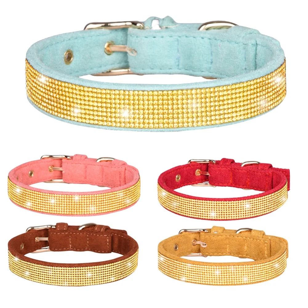 

Dog Cat Collars Pet Glitter Rhinestone Suede Fiber Crystal Dog Collar Zinc Alloy Buckle Pet Necklace For Small Dogs Accessories