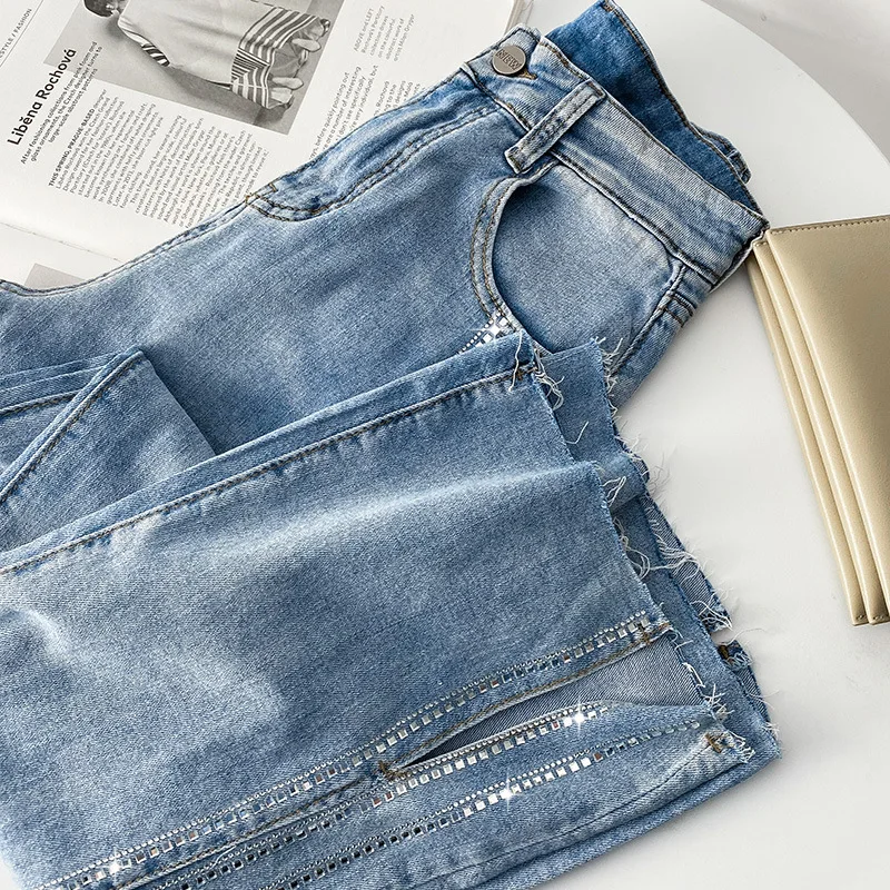 

New Fashion Women's pants summer Korean version of hot diamond high waist split jeans thin cotton loose casual Women's jeans