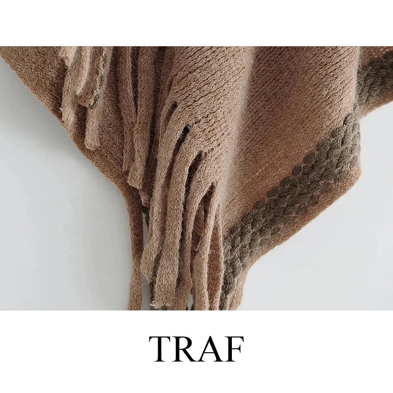 

TRAF ZA Women's Clothing Cloak Fashion Chic Autumn Oversized Loose Pullover Shawls Vintage Casual Patchwork Knitted Tassel Coat